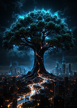Glowing Tree Over City