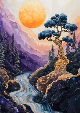 Golden Tree Bonsai and River Aesthetic texture