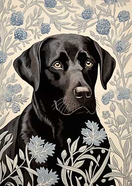 Black Labrador in Floral Pattern