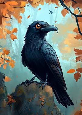 Raven in Autumn Forest