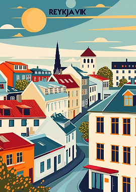 Reykjavik Cityscape travel poster