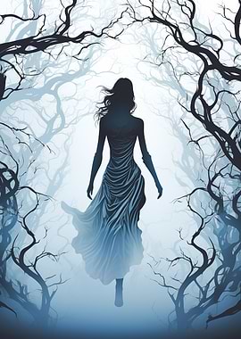 Woman in a foggy forest