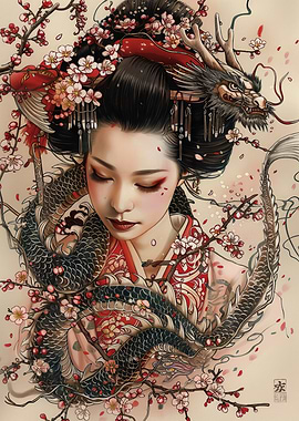Geisha with Dragon and Cherry Blossoms
