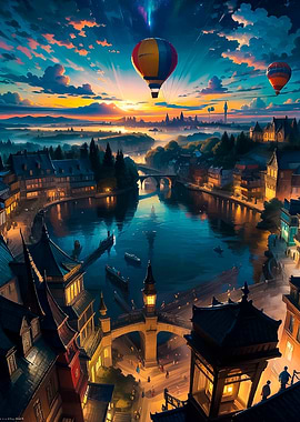 Fantasy Cityscape with Hot Air Balloons