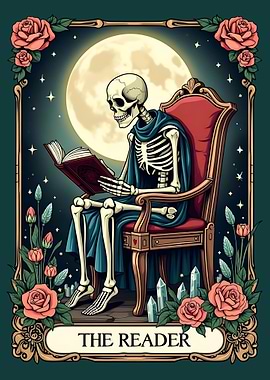 The Reader Tarot Card Skeleton Reading a Book