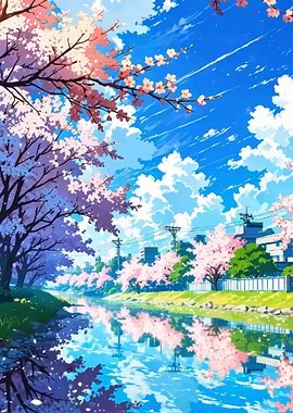 Cherry Blossom River Scene