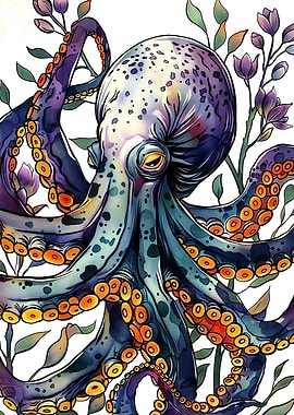 Watercolor Octopus with Flowers