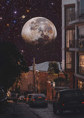 Giant Moon Over City Street