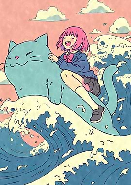 Kawaii Anime Girl Riding Cat
