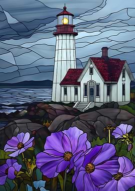 Stained Glass Lighthouse and Purple Flowers
