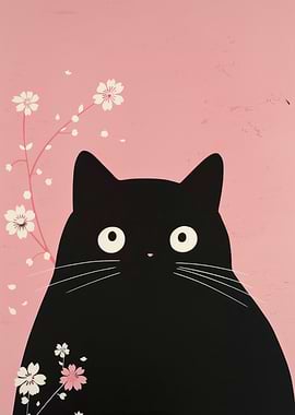 Black Cat with Sakura Flowers Woodblock Print