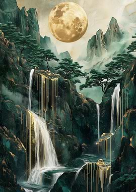 Golden Waterfall Landscape