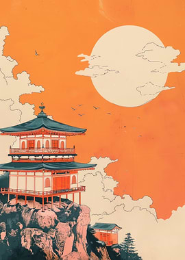 Japanese Temple Sunset Woodblock Print