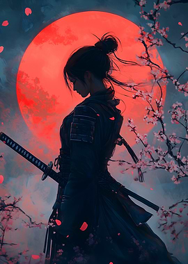 Samurai Woman with Red Moon