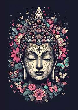 Buddha with Flowers and Butterflies