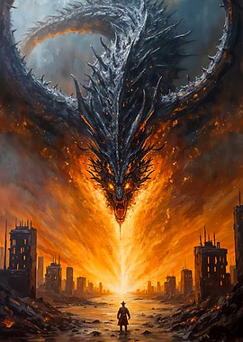 Dragon Over City Painting