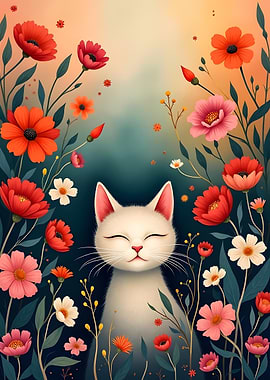 Whimsical Cat Among Blooming Flowers Fine Art
