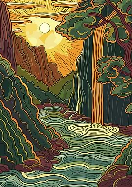 Sunrise Forest Waterfall