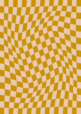 Retro Wavy Abstract Checkerboard in Mustard Yellow