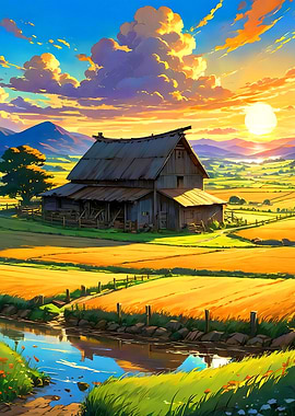 Sunset Farm Scene