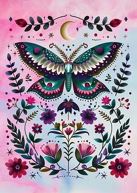 Folk Art Floral Moth Illustration