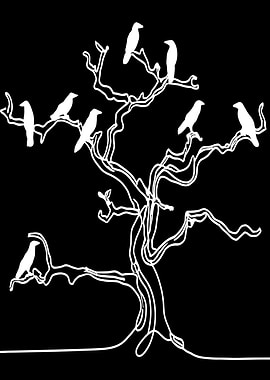 Crows on a Bare Tree Line Drawing