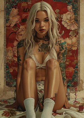 Tattooed Woman in White Lingerie