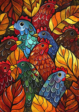 Colorful Chickens in Leaves