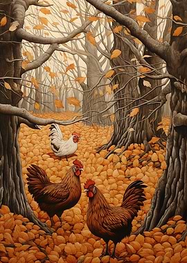Autumn Roosters in Woods