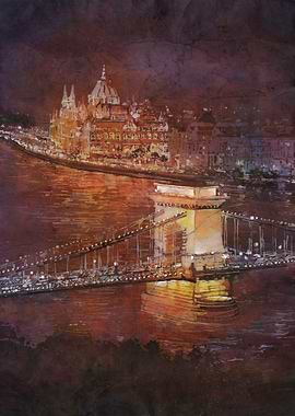 Budapest skyline watercolor landscape Hungary handmade item art for house travel essentials home decor batik painting