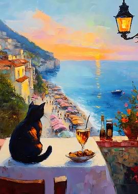 Cat Watching Sunset Over Italian Coast