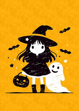 Kawaii Halloween Witch and Ghost