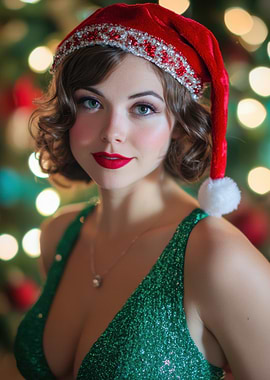 Woman in Green Dress and Santa Hat