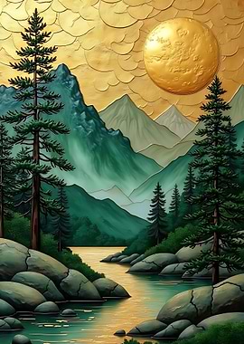 Golden Mountain River Japanese Kintsugi Landscape