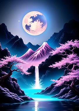 Moonlit Waterfall Cherry Blossom Japan Art