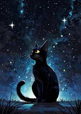 Black Cat Under Starry Sky