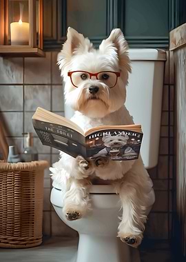 Dog Reading on Toilet