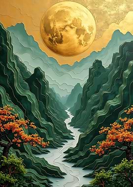 Golden Moon Over Mountains Kintsugi Landscape