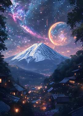 Mount Fuji Japan Cosmic Nebula Sky