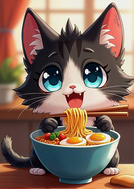 Chibi Cute Cat Eatin
