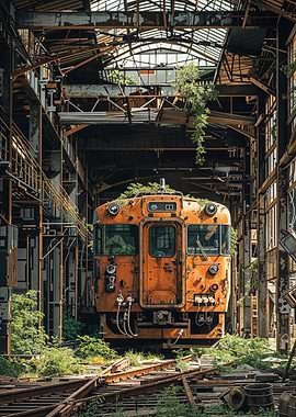 Abandoned Train in Rusty Hangar