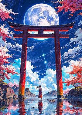 Japanese Moonlit Torii Landscape