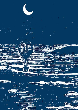 Vintage Hot Air Balloon Moonlit Sky Illustration in Deep Blue