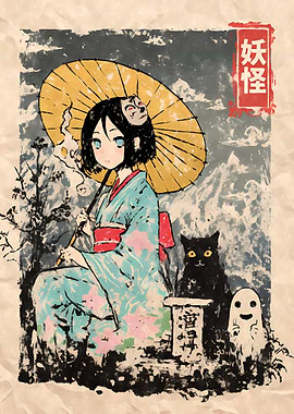 Yokai Geisha with Cat and Ghost