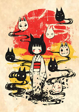 Kitsune Girl and Masks Yokai