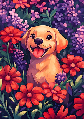 Golden Retriever in Flowers