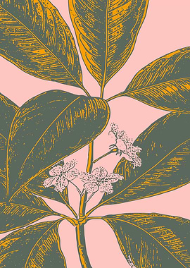 Tropical Botanical Illustration | Dusty Pink and Gold Leaf
