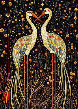 Two Cranes in a Night Garden