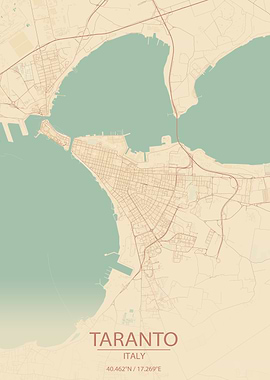 Taranto Italy Vintage Style City Map