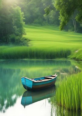 Serene Lake with Rowboat